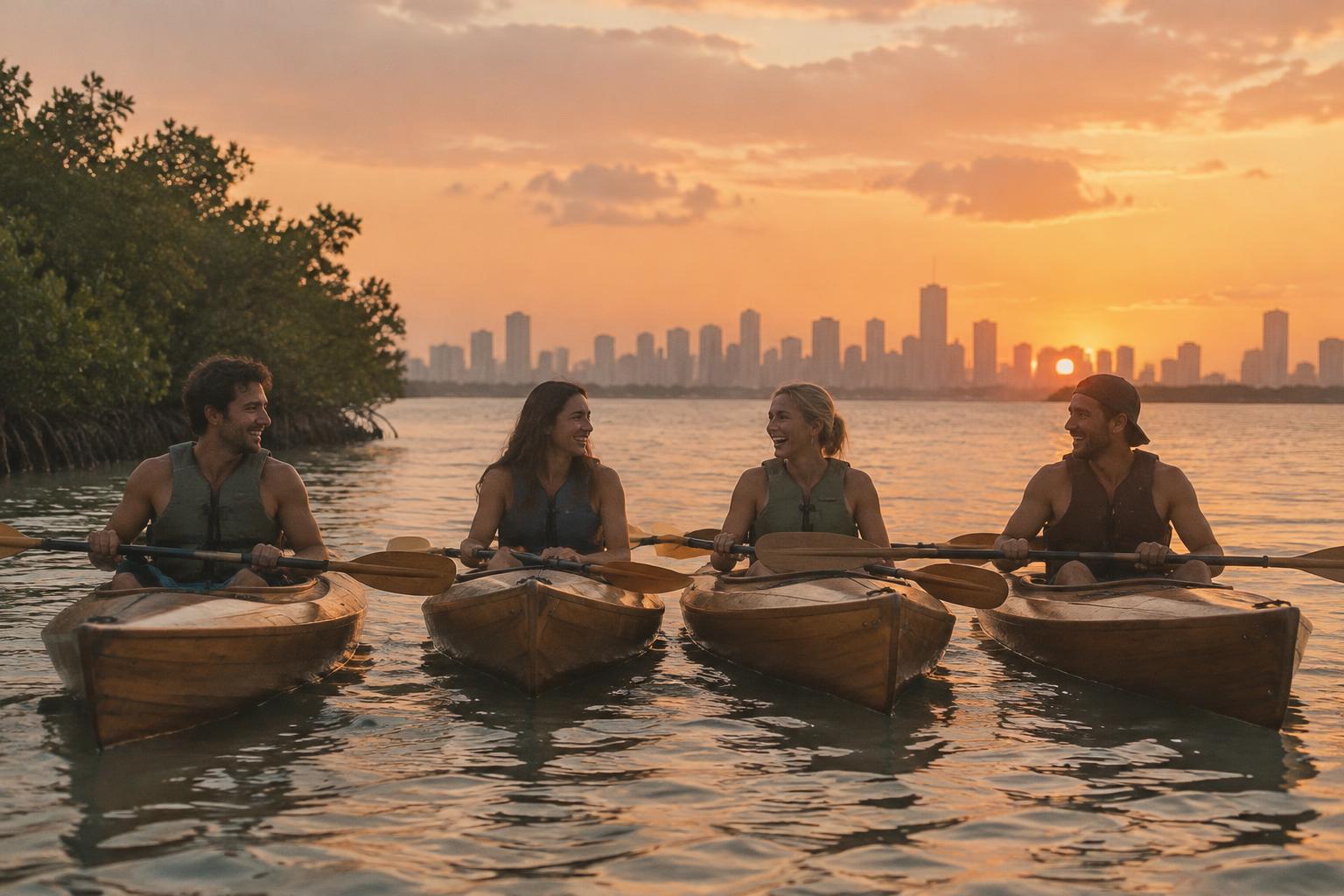 Friends kayaking along the South Florida coast at sunset